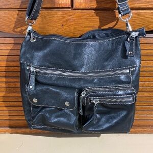 Fossil Black Leather Crossbody Zippers Bag
